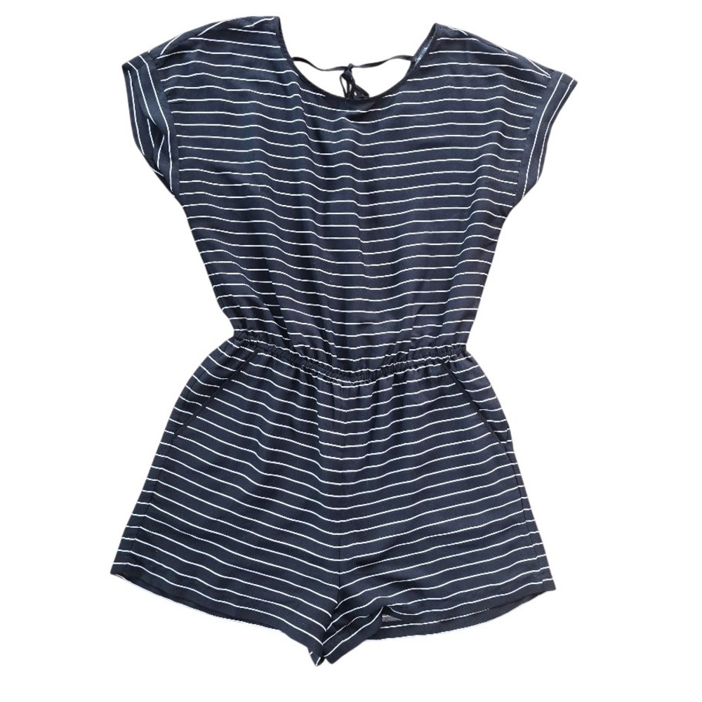 White House Black Market Striped Romper Women 8 Black White Nautical Summer Chic